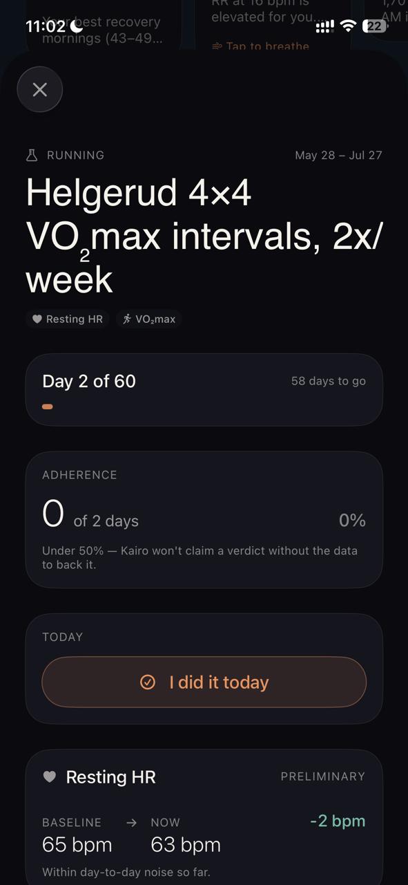 Experiment detail — adherence, baseline, and current metrics