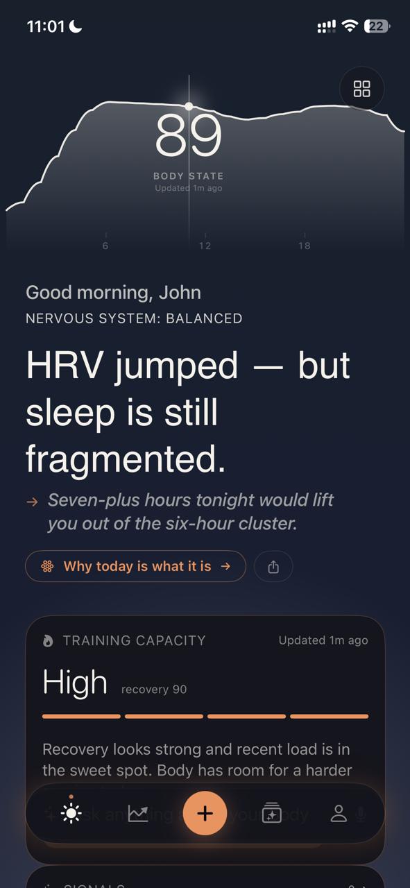 Bivryn Home — body state hero with HRV and sleep narrative