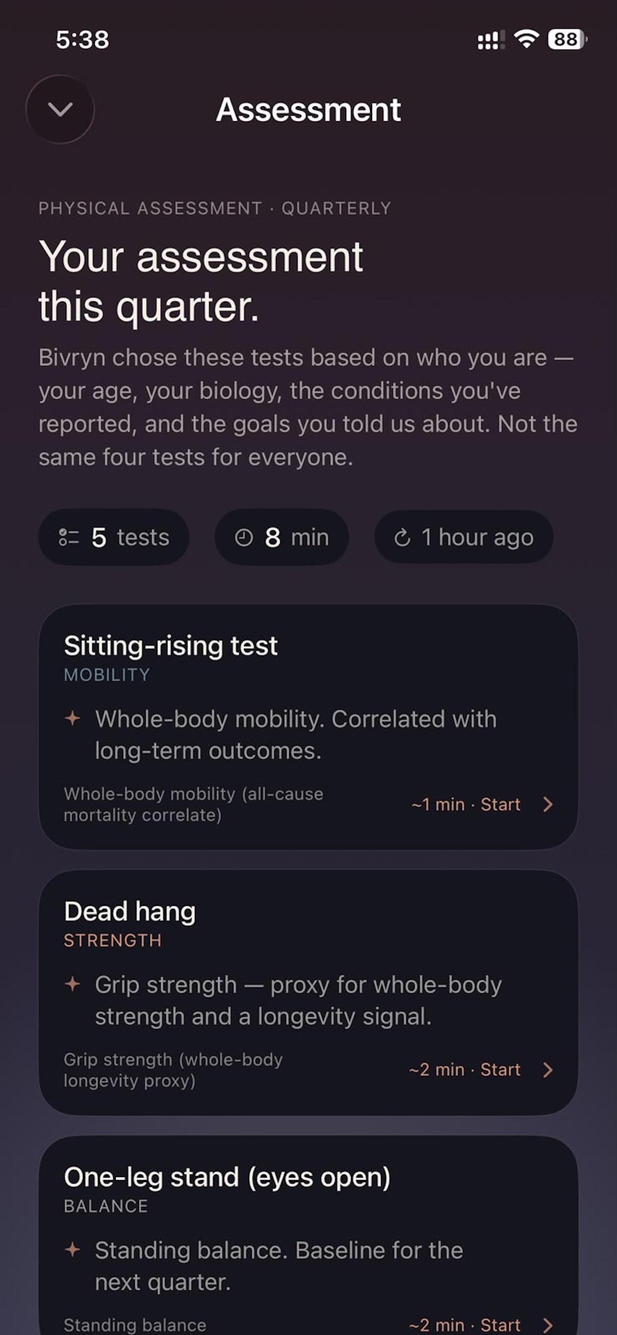 Physical Assessment — Bivryn picks 3-5 tests chosen for your age and biology
