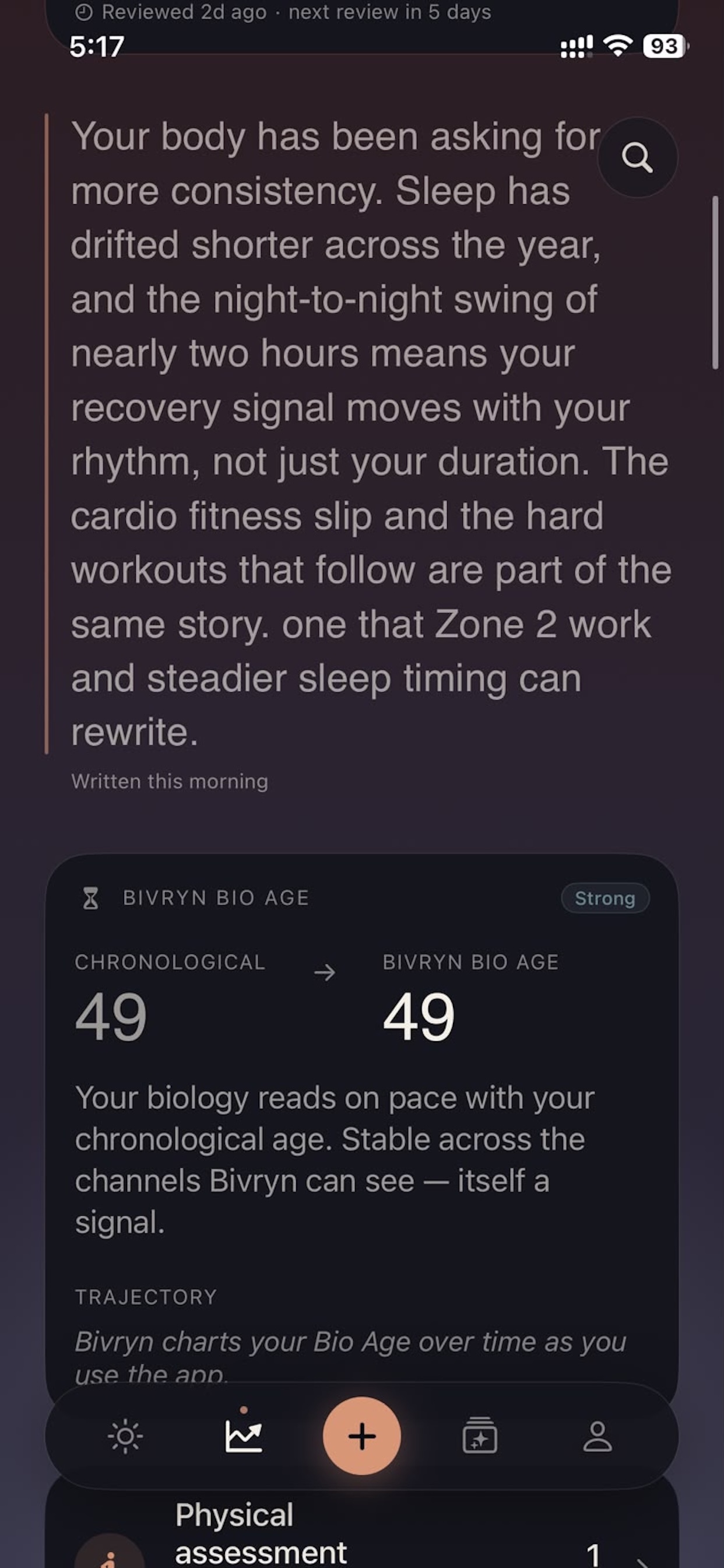 Bivryn Bio Age — chronological vs. biological readout in Body Memory