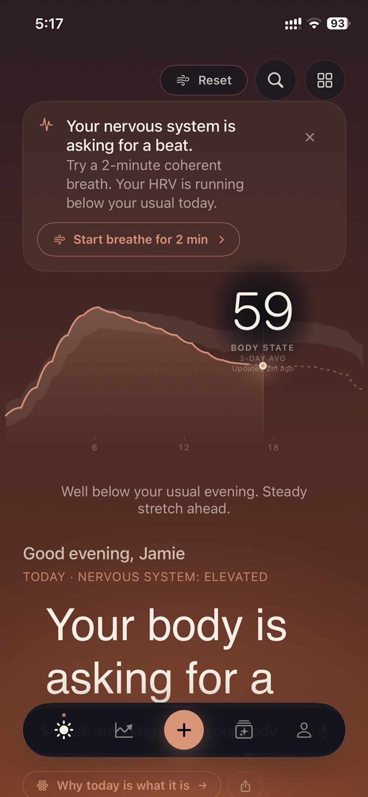 Bivryn Home — 'Your body is asking for a quieter day' with early-illness signal card