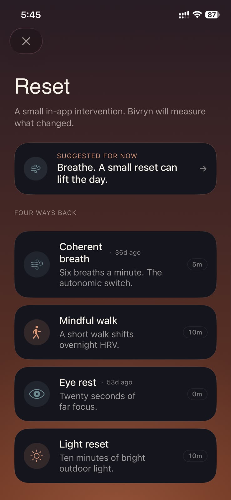Reset toolbox — breathing, mindful walk, eye rest, and light reset with HRV delta measured