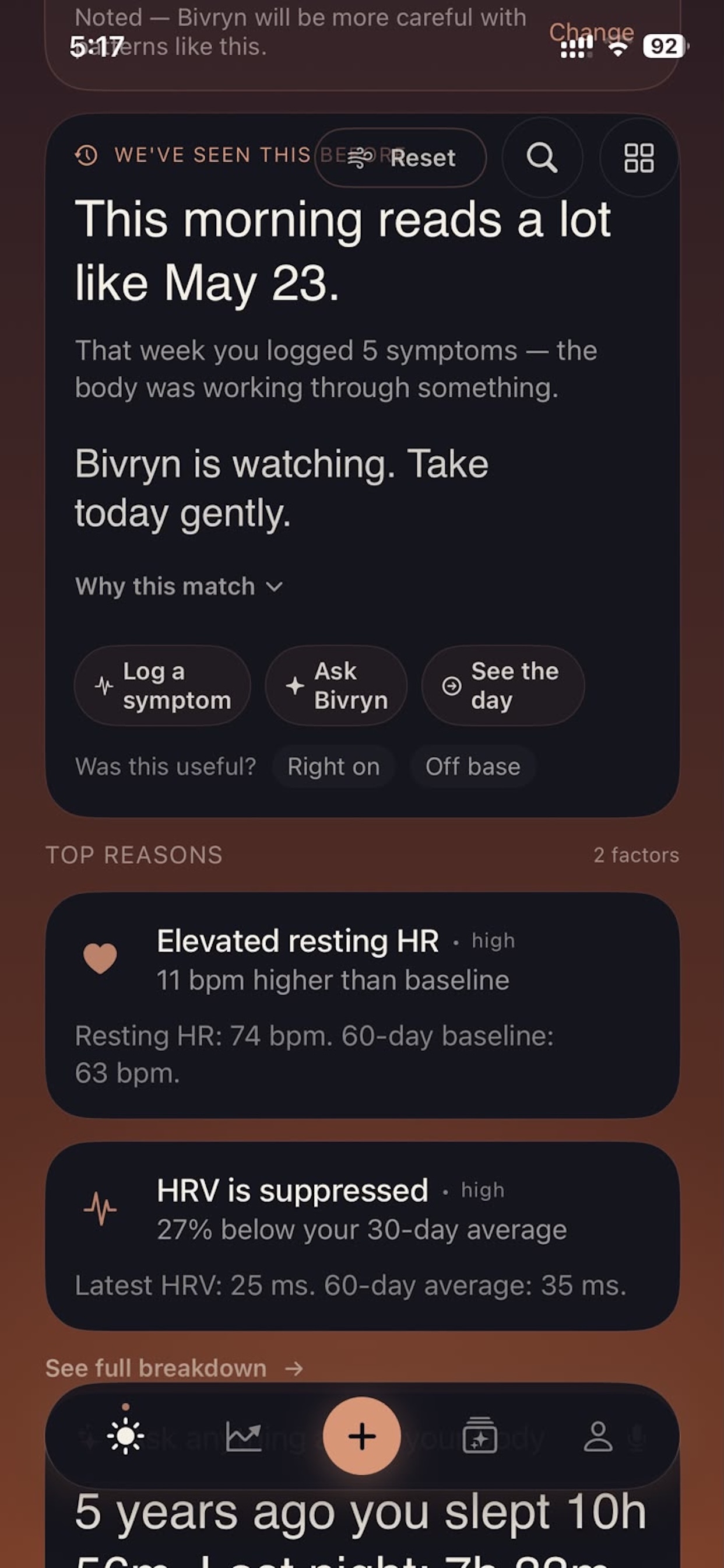 We've Seen This Before — today matched against May 23 with reasons: elevated resting HR and suppressed HRV